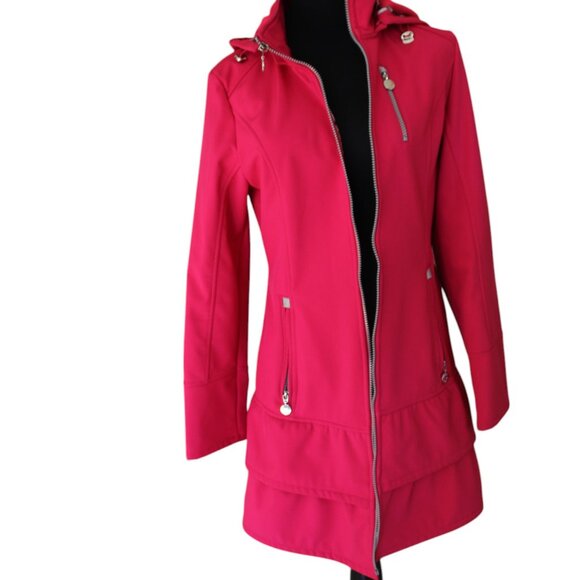 Betsey Johnson Soft Shell Hooded Coat Pink Water Repellent Ruffle, Size M, EUC - Picture 2 of 16